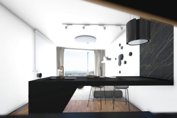 dizajnovy byt, dizajnova kuchyna, cierno biely interier, black and white interior design, kuchyna na mieru, navrh interieru, byt sky park projekt, interier